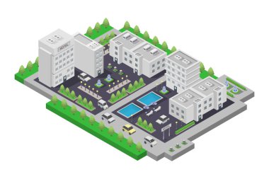 İzometrik şehir manzarası. Yol, yeşil çimen ve ağaçları olan bir şehrin vektör çizimi.