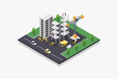 Bir kamyon ve vinçli vektör izometrik inşaat alanı. Bir şehri, binası, binası olan sanayi binası.