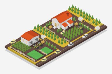 Yeşil çimenler ve ağaçlarla izometrik şehir parkı. 3d oluşturma