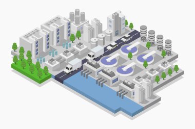 Ağaçlarla, arabalarla izometrik şehir manzarası.