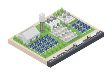 Enerji panelleri ve güneş panelleri olan güneş panelleri. İzometrik illüstrasyon. Güneş panelleri. Enerji kaynağı. vektör illüstrasyonu
