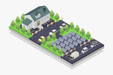 Güneş enerjisi panelleri güneş panelleri ve ev ile izometrik görünüm.