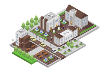 Bir konut binası ve bir evi olan izometrik şehir manzarası. Vektör çizimi. beyaz arkaplanda izole.