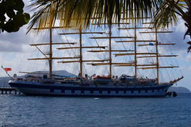 The view of ancient five -mast clipper ship in caribbean sea, Martinique island. French West Indies.