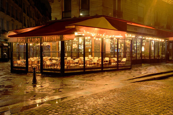 PARIS, France - March 26, 2023 : Esplanade Saint Eustache is a traditional French restaurant located in the 2nd district of Paris at Montorgueil street .