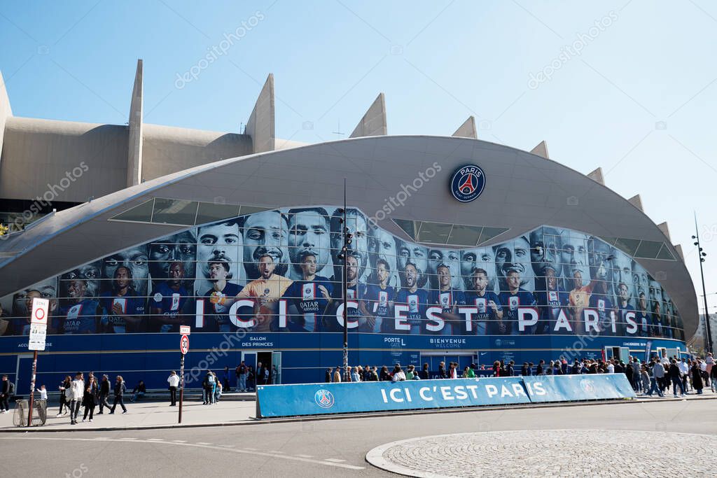 PARIS , FRANCE-Avril 08 , 2023 : Whole PSG team on the main entrance of the Parc des Princes stadium, the home pitch of the French Ligue 1 football club Paris Saint-Germain
