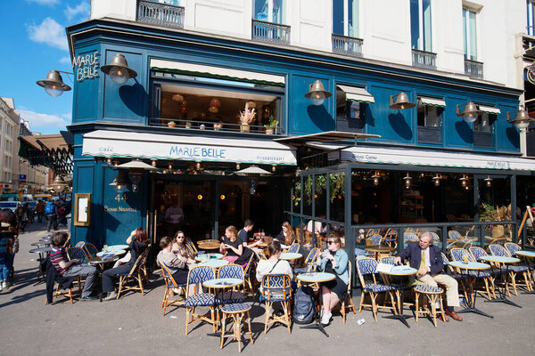 Paris , France-April 19 , 2023 : Belle Marie is traditional French cafe located near cinema Grand REX in Paris.