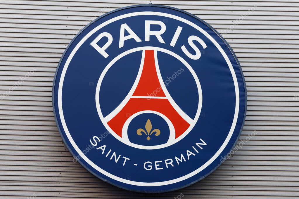 PARIS - April 13, 2024 : Logo of the French Ligue 1 football club Paris Saint-Germain on the Parc des Princes stadium