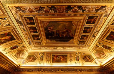 Paris, Fransa - 22 Eylül 2024: Altın kitabın Senato odasının tavanı. Kraliçe Marie de Medicis 'in dairesinden alınan boyanmış ahşap panellerle süslenmiş..