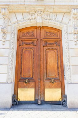 The rich decor decorates an entrance door of the old building of traditional architecture of in downtown, Paris, France.