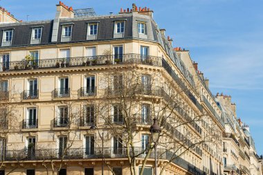 Paris 'te tipik balkonları ve pencereleri olan geleneksel Fransız evinin dış mimarisi. Ön planda geleneksel Paris sokak lambası.