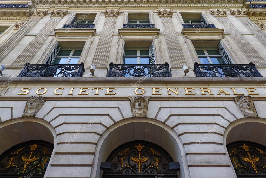Paris, France - May 19, 2025 : Entrance to a branch of Societe Generale. located at Haussmann boulevard. It is one of the leading French banks and one of the oldest .