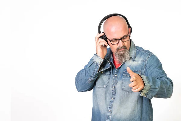 Bald Middle Aged Man Goatee Glasses Listening Music Headphones Mobile Stock Photo