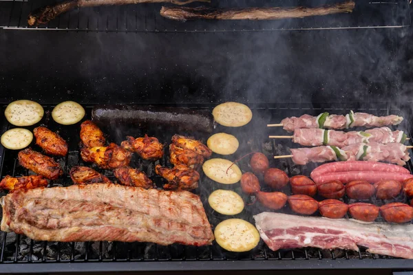 Assorted Meat Roasted Outdoor Barbecue Chorizo Chicken Legs Bacon Pork — Stock Photo, Image