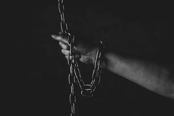 Hand Person Chained Black Background Studio Feeling Lack Freedom Prison — Stock Photo, Image