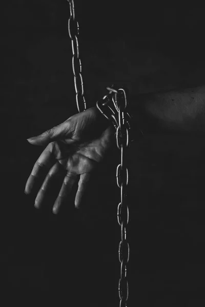 Hand Person Chained Black Background Studio Feeling Lack Freedom Prison — Stock Photo, Image