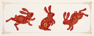 Mutlu Çin Yeni Yıl 2023 kartları. Tatlı zıplama ve oturan tavşan. Zodiac hayvanları. Geleneksel Çin çerçeveli tebrik kartı. Kağıt kesim biçimi.