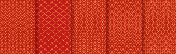 Conjunto Padrão Sem Costura Chinês Tradicional Vermelho Dourado Asiático Ornamento — Vetor de Stock