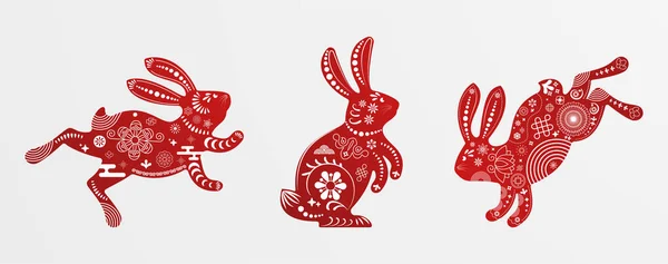 Set Conigli Che Saltano Siedono Animali Zodiacali Con Motivo Tradizionale — Vettoriale Stock