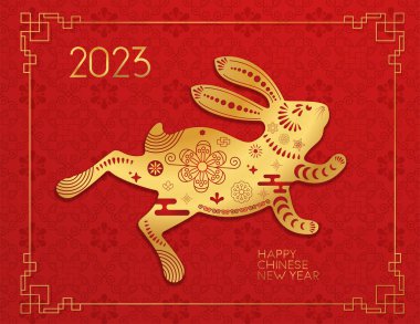 Çin Yeni Yılı 2023. Tavşan Yılı. Zodiac hayvanları. Kırmızı altın tebrik kartı. Geleneksel Çin desenli zıplayan tavşan. Kağıt kesimi biçim vektör çizimi.