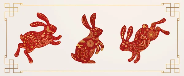 祝您新年快乐 可爱的跳跃和坐在兔子 黄道带动物 中国传统相框贺卡 剪纸风格 — 图库矢量图片