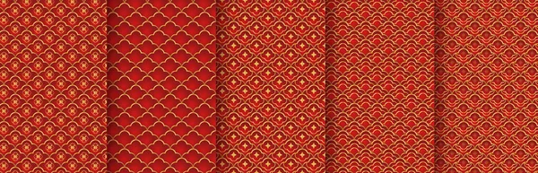 Традиционный Китайский Бесшовный Набор Шаблонов Красный Золотой Азиатский Роскошный Орнамент — стоковый вектор
