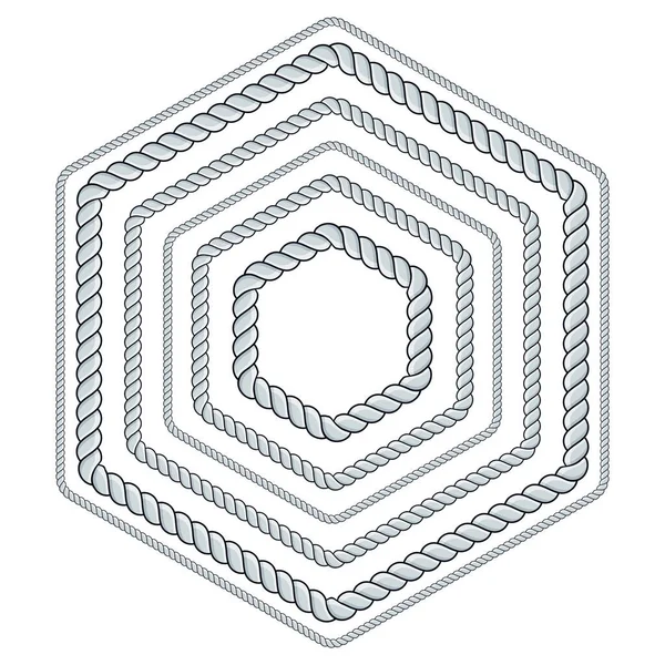 白い背景に六角形のロープフレームのセット 装飾的なループと航海ノットでねじれたコード 編組ロープ装飾 ヴィンテージフラット漫画ベクトル境界線 — ストックベクタ