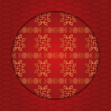 Geleneksel Çin yuvarlak şablonu. Doğulu, Japon çemberi. Kırmızı altın Asyalı kafes VIP tasarımı süsü. Doğu vektörü yaratıcı motifi. Yeni yılı karşılama şablonu, afiş, poster ve