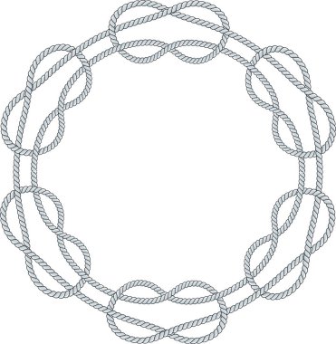 Yuvarlak halat çerçevesi beyaz arkaplanda izole edilmiş. Dekoratif halkalar ve deniz düğümleriyle bükülmüş ip. Örgülü halat dekoru. Klasik düz çizgi film vektör kenarı.