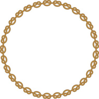 Yuvarlak halat çerçevesi beyaz arkaplanda izole edilmiş. Dekoratif halkalar ve deniz düğümleriyle bükülmüş ip. Örgülü halat dekoru. Klasik düz çizgi film vektör kenarı.