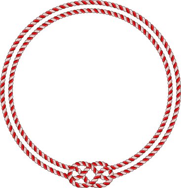 Yuvarlak halat çerçevesi beyaz arkaplanda izole edilmiş. Dekoratif halkalar ve deniz düğümleriyle bükülmüş ip. Örgülü halat dekoru. Klasik düz çizgi film vektör kenarı.