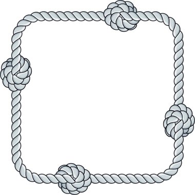 Kare halat çerçevesi beyaz arkaplanda izole edilmiş. Dekoratif halkalar ve deniz düğümleriyle bükülmüş ip. Örgülü halat dekoru. Klasik düz çizgi film vektör kenarı.