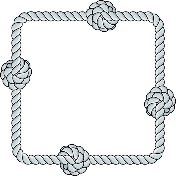 白い背景に隔離された正方形のロープフレーム 装飾的なループと航海ノットでねじれたコード 編組ロープ装飾 ヴィンテージフラット漫画ベクトル境界線 — ストックベクタ
