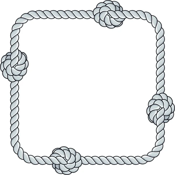 白い背景に隔離された正方形のロープフレーム 装飾的なループと航海ノットでねじれたコード 編組ロープ装飾 ヴィンテージフラット漫画ベクトル境界線 — ストックベクタ