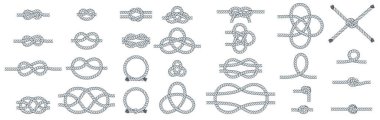 Set of rope knots. Nautical, travel and decorative loops. Twisted cord with decorative loops and nautical knots. Braided rope decor. Vintage flat cartoon vector border. clipart