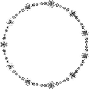 Kar tanesi dairesi çerçevesi. Sınırda kar taneleri var. Noel ve Yeni Yıl tebrik kartları ve afişler için tasarım malzemeleri. Beyaz arkaplanda tatil dekorasyonu izole edildi.