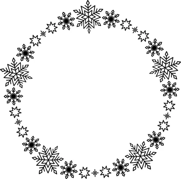 スノーフレークサークルフレーム 冬の雪の結晶の境界線 クリスマスと新年のグリーティングカードやバナーのためのデザイン要素 白い背景に隔離された休日の装飾 — ストックベクタ