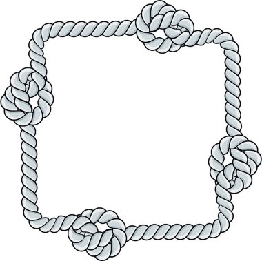 Kare halat çerçevesi beyaz arkaplanda izole edilmiş. Dekoratif halkalar ve deniz düğümleriyle bükülmüş ip. Örgülü halat dekoru. Klasik düz çizgi film vektör kenarı.