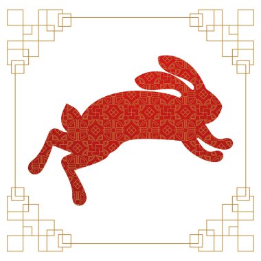 Tatlı tavşanın kırmızı silueti. Tavşan simgesi. Geleneksel Çin desenli Zodiac hayvanları. Mutlu Çin Yeni Yılı. Bahar festivali ve Paskalya tatili dekorasyonu. Kağıt kesiği düz vektör çizimi.