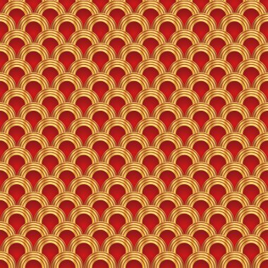 Geleneksel Çin balık pulu dikişsiz desen. Kızıl altın Asya deniz dalgası süsü. Doğulu, Japon kökenli. Doğu vektör motifi. Kart, pankart, poster ve takvim şablonu.