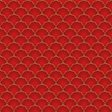 Geleneksel Çin balık pulu dikişsiz desen. Kızıl altın Asya deniz dalgası süsü. Doğulu, Japon kökenli. Doğu vektör motifi. Kart, pankart, poster ve takvim şablonu.