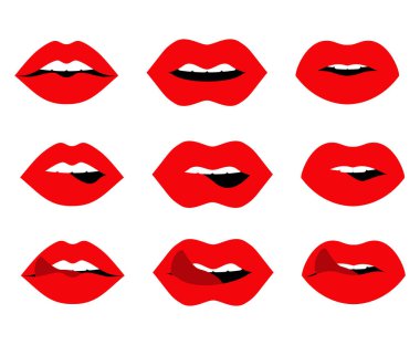 Set of different lips. Plump matte red womans lips isolated on white background. Girls half-open mouth.