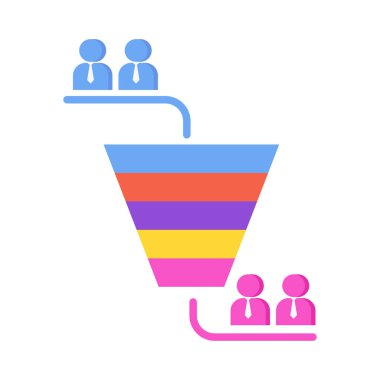Conversion funnel. Digital inbound marketing tool to attract a client to the site. SEO optimization and consumer journey. Advertising on the Internet and social networks. Icon on white background.