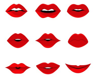 Set of different lips. Plump matte red womans lips isolated on white background. Girls half-open mouth.