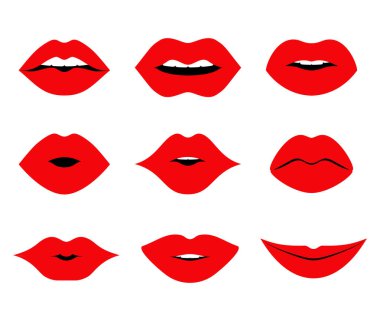 Set of different lips. Plump matte red womans lips isolated on white background. Girls half-open mouth.