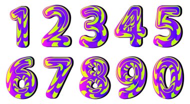 Abstract numbers 0-9. Decorative art brush lettering. Color neon gradient. Vector illustration isolated on white background.