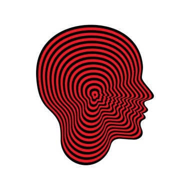 Woman profile. Silhouette of head with concentric abstract psychedelic pattern. Optical illusion. Vector illustration isolated on white background.