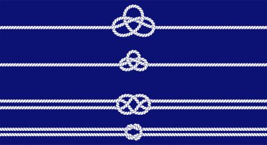 Nautical rope knots set. Seamless decorative marine rope elements. Twisted cord with decorative loop. Flat cartoon vector border. Vector illustration on navy background.