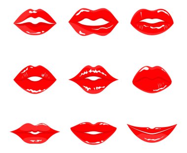 Set of different lips. Plump gloss red womans lips isolated on white background. Girls half-open mouth.