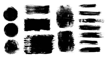 Black brush stroke set. Collection of painted grunge stripes. Ink paint, watercolor design, dirty grunge texture. Handdrawn design elements. Vector illustration isolated on white background.